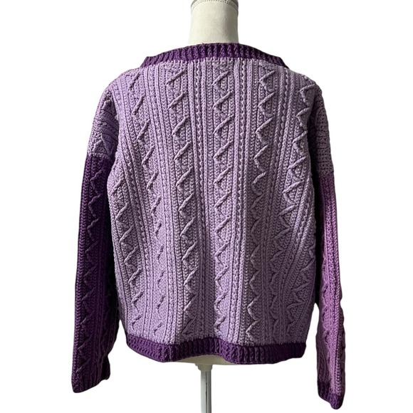Vintage Handmade Purple Cable Knit Cardigan Sweater Wooden Buttons Large - Picture 4 of 7